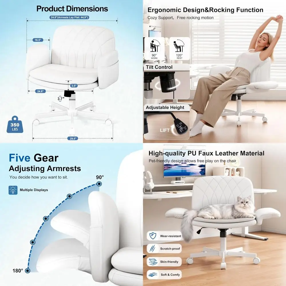

Регулируемое кресло-качалка из искусственной кожи с подлокотниками и колесиками для комфортной работы сидя на перекрещенных ногах у домашнего или офисного стола, белое