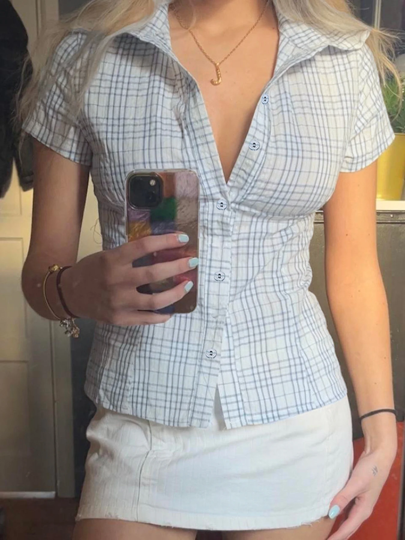 

2025 Fashion Sweet Plaid Slim Women Causal Shirts Cute All-Match Summer Trendy New Chic Blouses