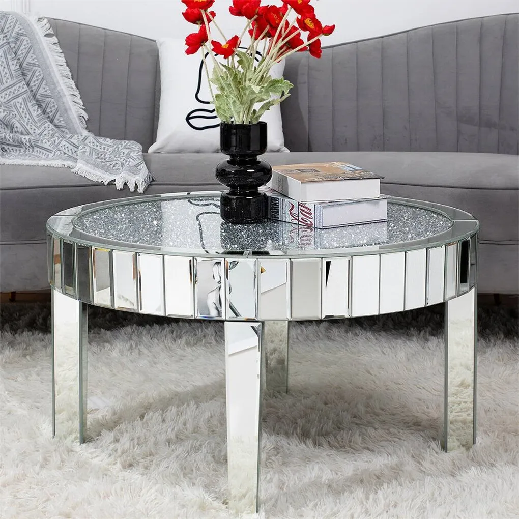 XXL Bling Mirrored Coffee Table Silver Crystal Diamond Accent Table Living Room