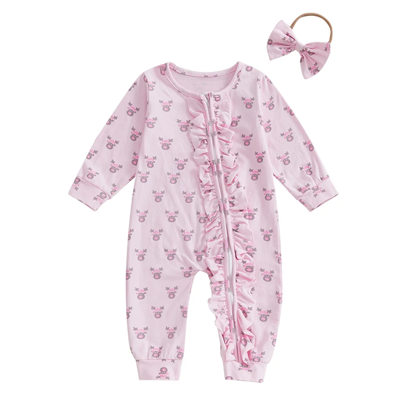 Baby Girls Christmas Outfit Long Sleeve Crew Neck Elk Print Jumpsuit and Headband Fall Clothes