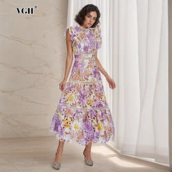 VGH Elegant Printing Dresses For Women Round Neck Sleeveless High Wiast Colorblock Casual A Line Dress Female Fashion Clothing