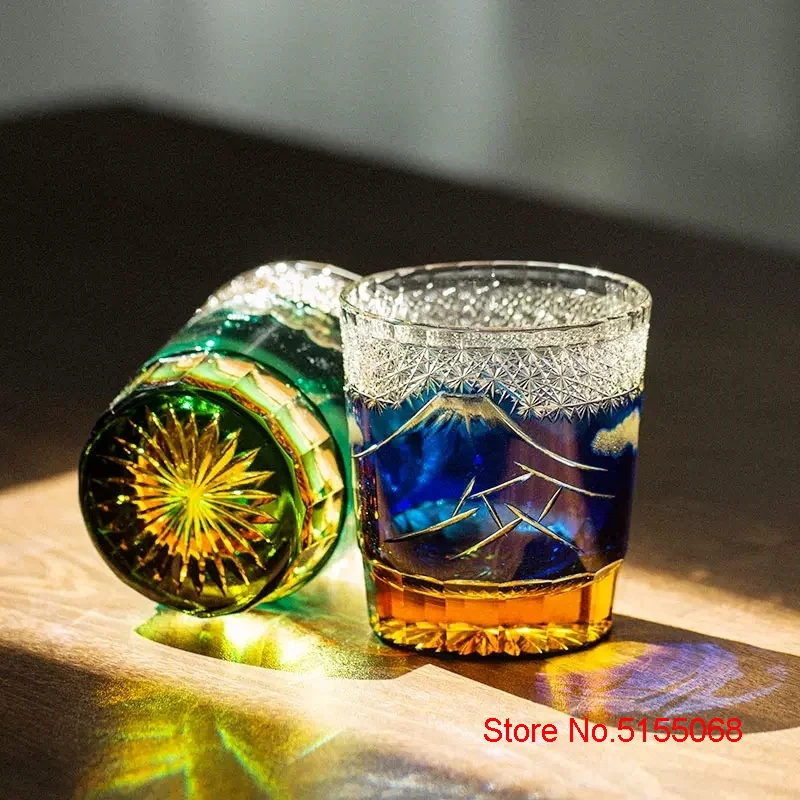 Japanese Mount Fuji Whiskey Glass Hand Engraving Crystal Whisky Cup Mountain Vintage Old Fashioned Tumbler Spirits Wine Glasses