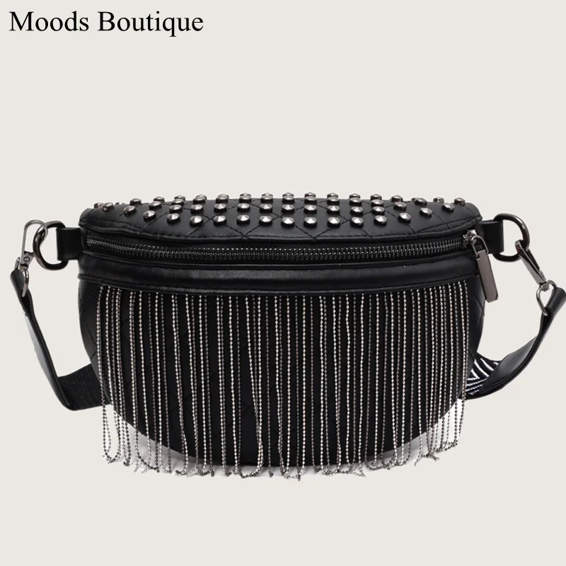 MOODS Luxury Women Crossbody Bags 2023 New Branded Designer Chest Bag Rivet And Tassel Decored Large Capacity Waist Fanny Packs