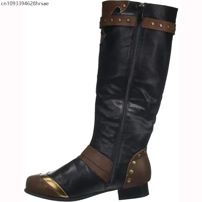 Retro Men Punk Tall Knee Boots Black Brown Leather Multi Pockets Decorative Buckle Boots Gothic Pirate Renaissance Cosplay Shoes