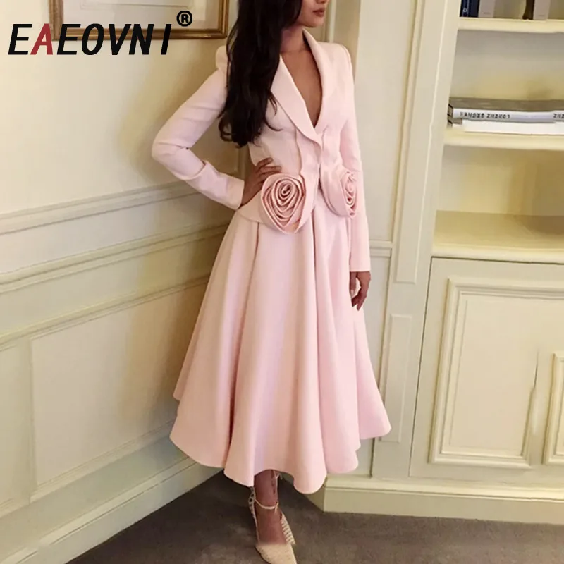 

EAEOVNI Fashion Women's 2 Piece Set 2025 Spring New 3D Floral Spliced Jacket + A-line Skirt Solid Color Elegant Clothing