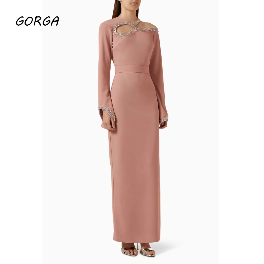 

GORGA Customized Dusty Pink Beading Cut-out O-Neck Formal Evening Dress Mermaid Crepe Prom Dress 2025 Long Sleeves Party Dress