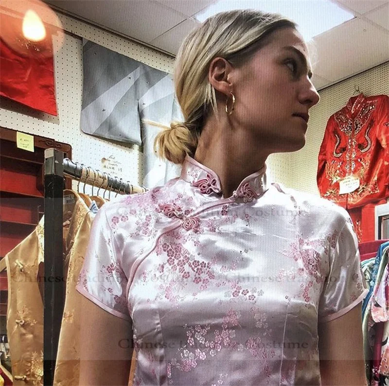 

Розовый топ Qipao с цветочным принтом, женская рубашка в китайском стиле, одежда Тан с короткими рукавами, жаккардовая блузка с цветочным принтом, элегантные топы Hanfu