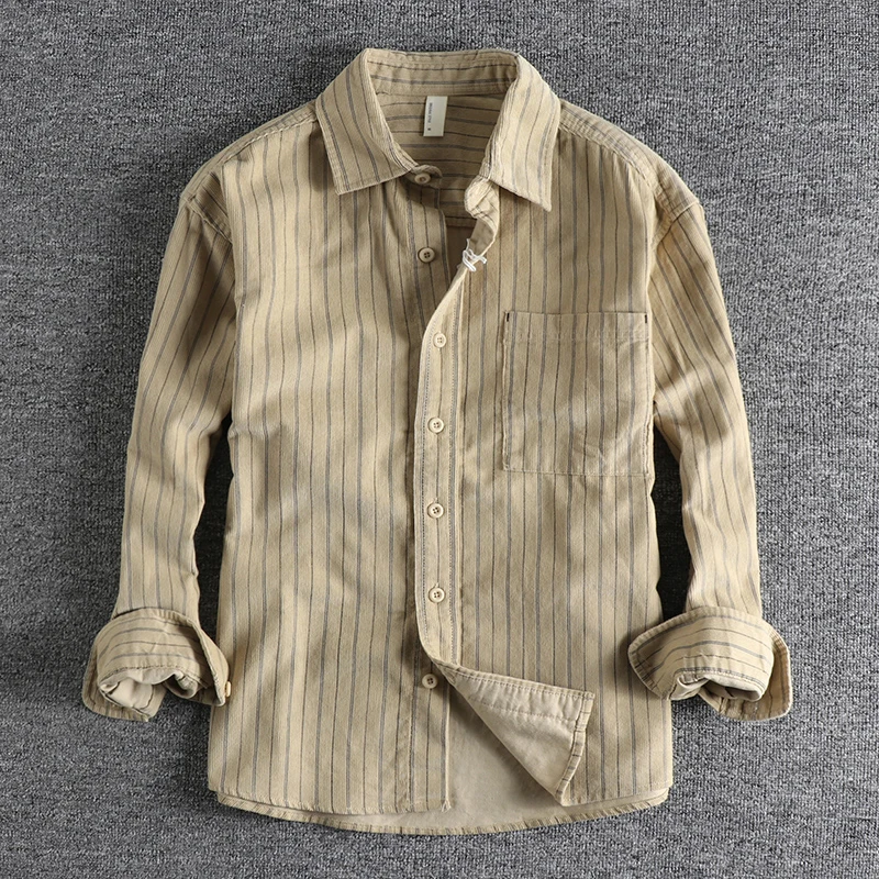 

Retro Japanese Texture Striped Men's Shirt Loose Casual Long Sleeve Autumn Workwear Jacket Antibacterial Classic Collar