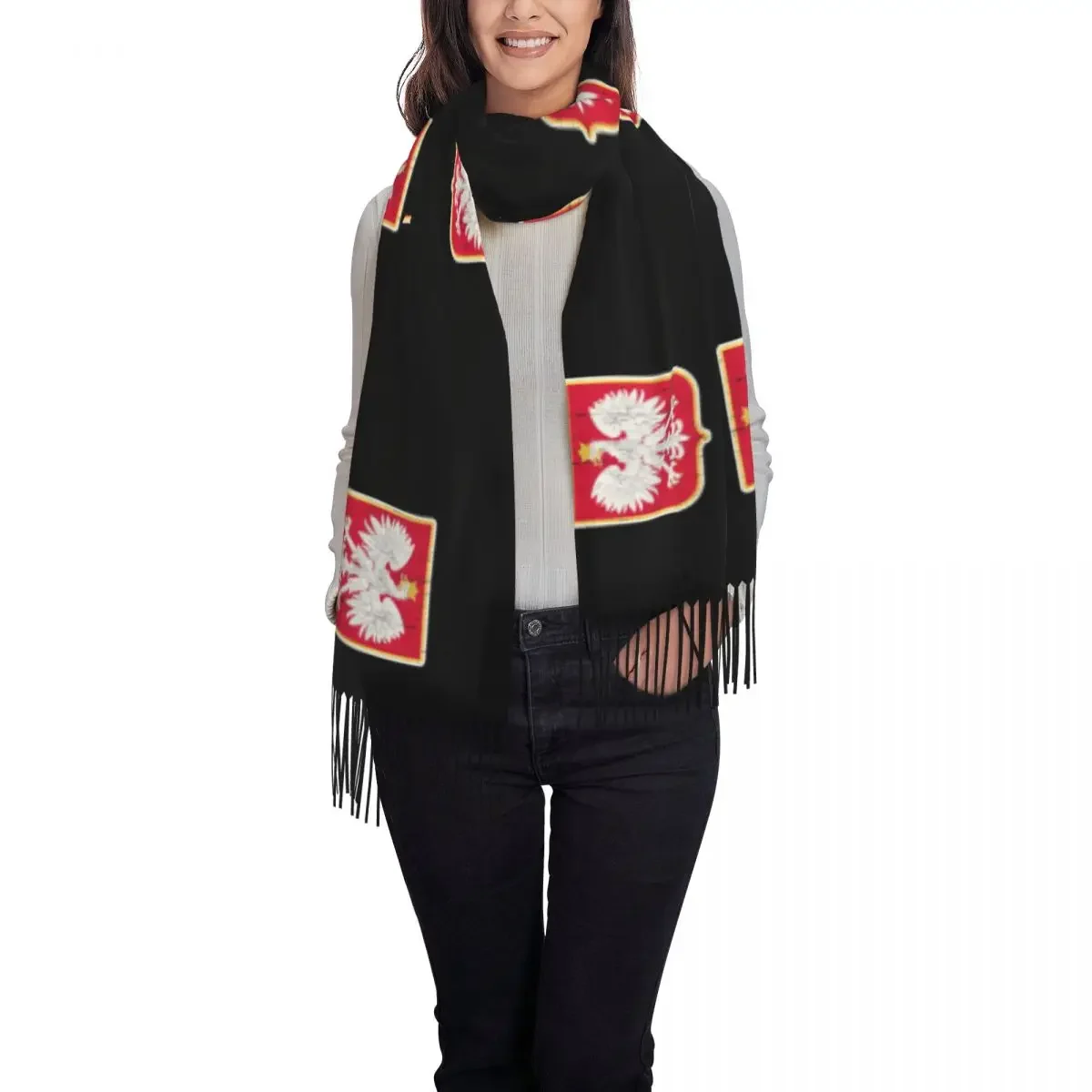 Fashion Polska Polish Coat Of Arms Eagle Tassel Scarf Women Winter Warm Shawls Wraps Female Poland Flag Scarves