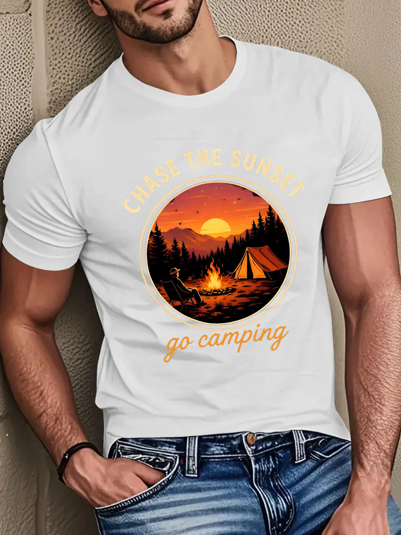 Male Black Round Neck T Shirt Circular Sunset Forest Campfire Camper Graphic Chase The Sunset Go Camping Outdoor Cotton Tees