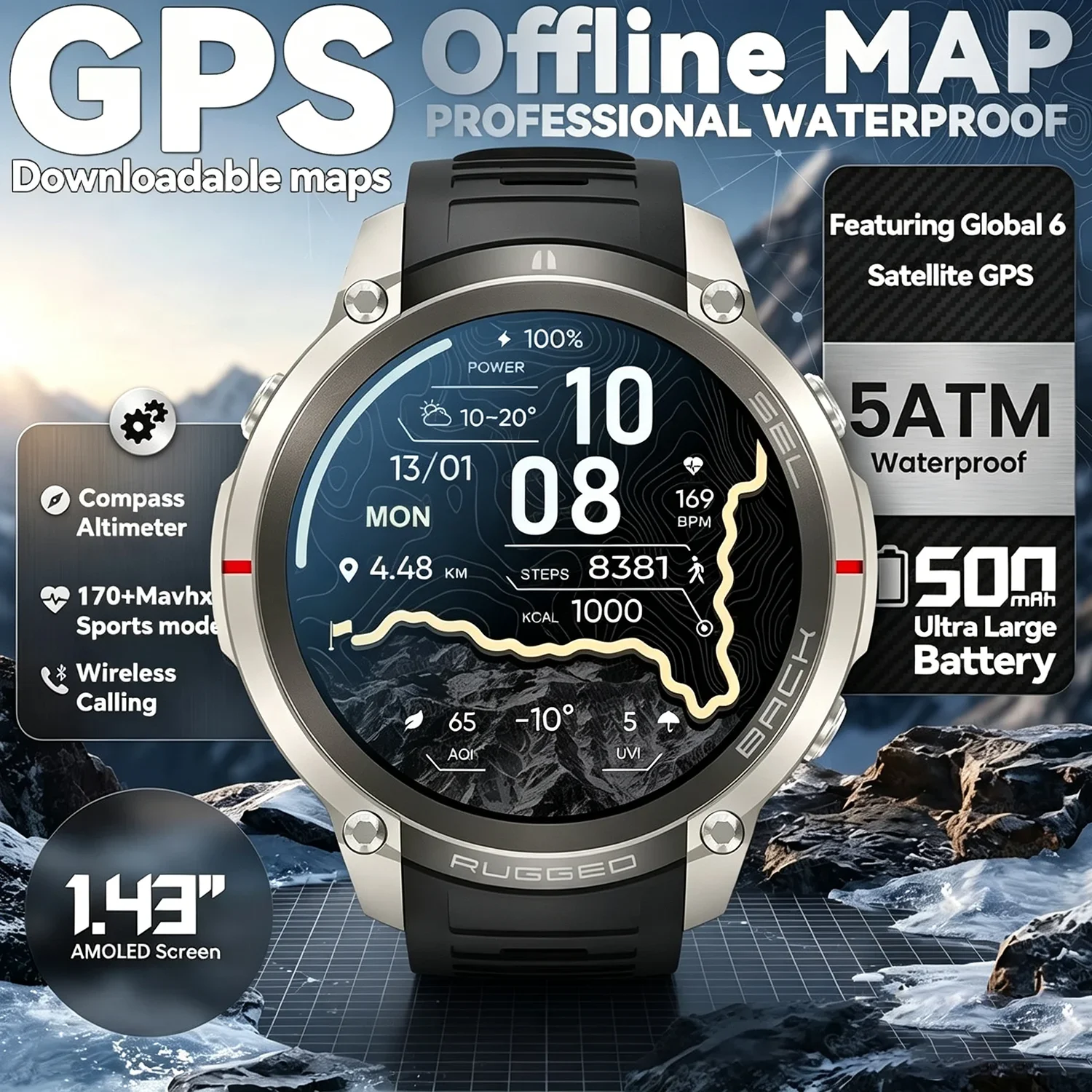 Ultra Rugged Outdoor smart watches With Dual Band GPS Offline Map Compass 5ATM Waterproof Swim Smart Watch for Men
