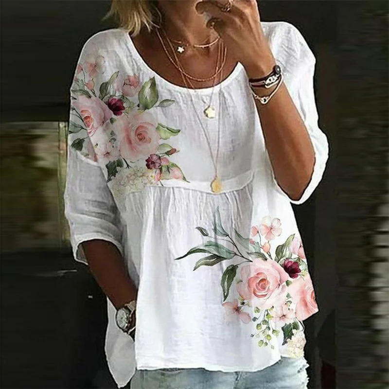 Casual Cotton Linen Print Blouse Elegant Spring Floral Print  Loose Tops Pullover Women Vintage Crew Neck  Office Lady Shirt Top