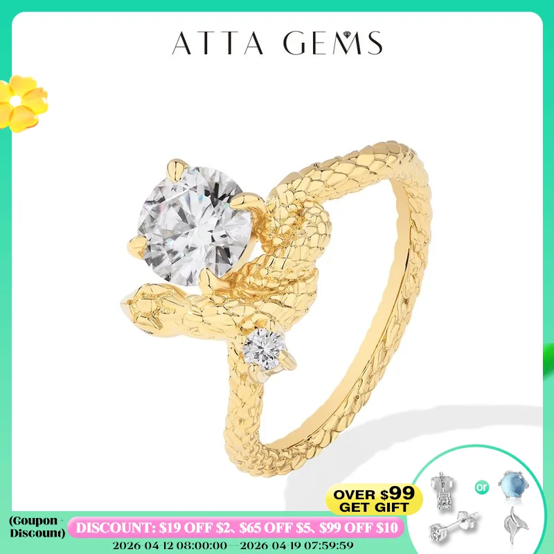 

ATTAGEMS оригинальные кольца со змеей и муассанитом, круглая огранка, 1,2 карата для женщин и мужчин, серебро S925, позолоченные 18 карат, ювелирные изделия для помолвки, подарок