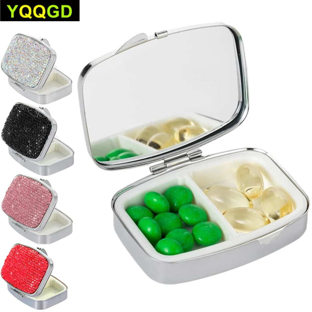 Portable 2 Compartments Daily Pill Organizer,Bling Crystal Diamond Pill Box,Small Travel Pill Case,Medicine Container Organizer