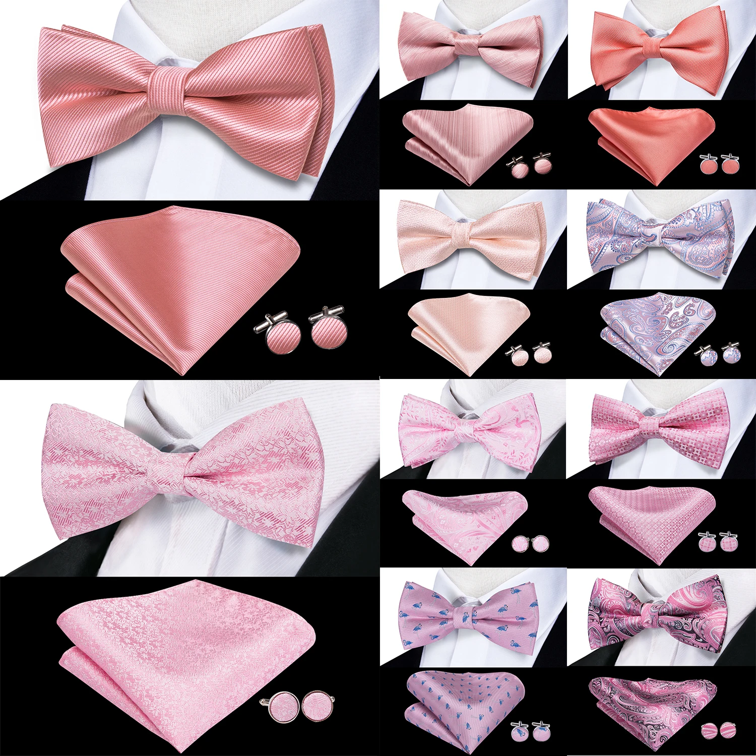 Peach Pink Salmon Rose Mens Bow Tie Pocket Square Cufflinks Set Pre-tied Butterfly Knot Bowtie for Male Wedding silk Business