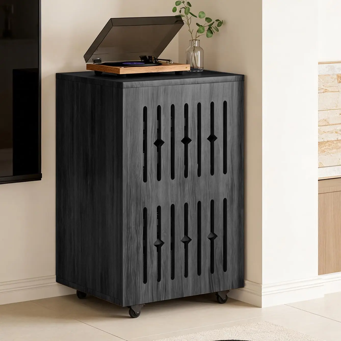 5-Tier Stereo Components Cabinet Wooden Audio Equipment Cabinet with Grille Door Closed Entertainment Stand with Adjustable Shel