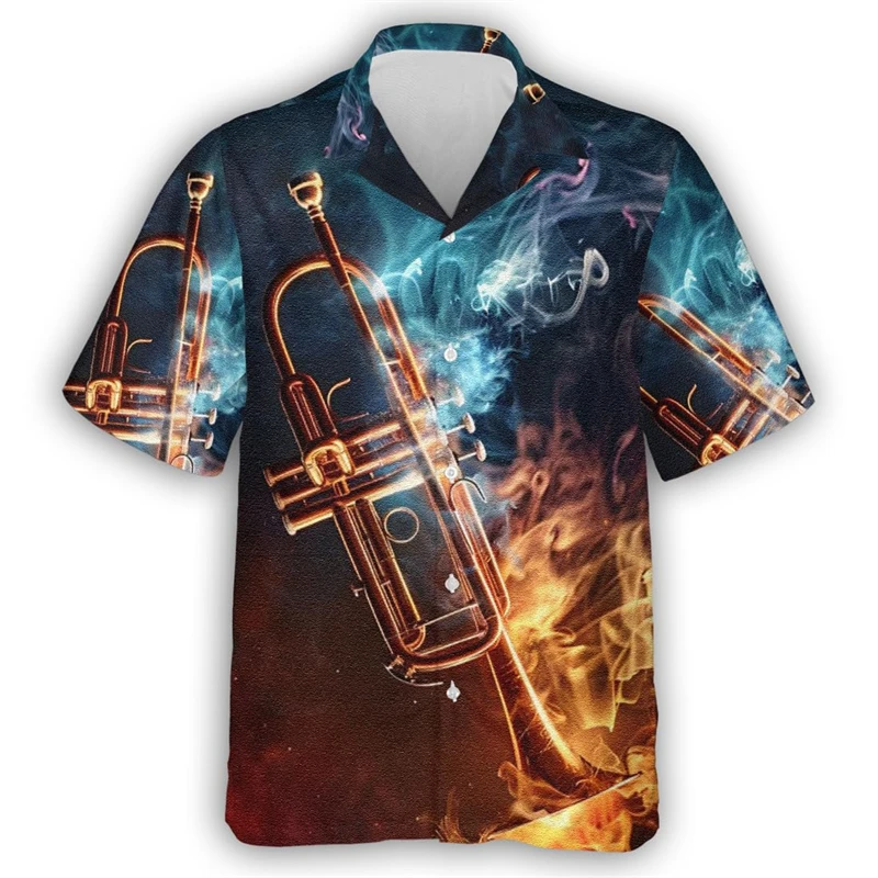 Camisas hawaianas con estampado 3D de guitarra y trompeta para hombre, camisa de manga corta con botones y solapa, Unisex