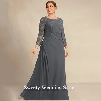 結婚式のゲストのための灰色のシフォンドレス,3/4袖,プリーツアップリケ付き,大きいサイズ