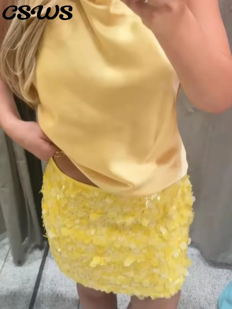 

Sexy Sequin Mini Skirts Women Slim Chic Shiny High Waist Skirt Beach Female 2025 Summer Fashion Solid Holiday Skirts Lady