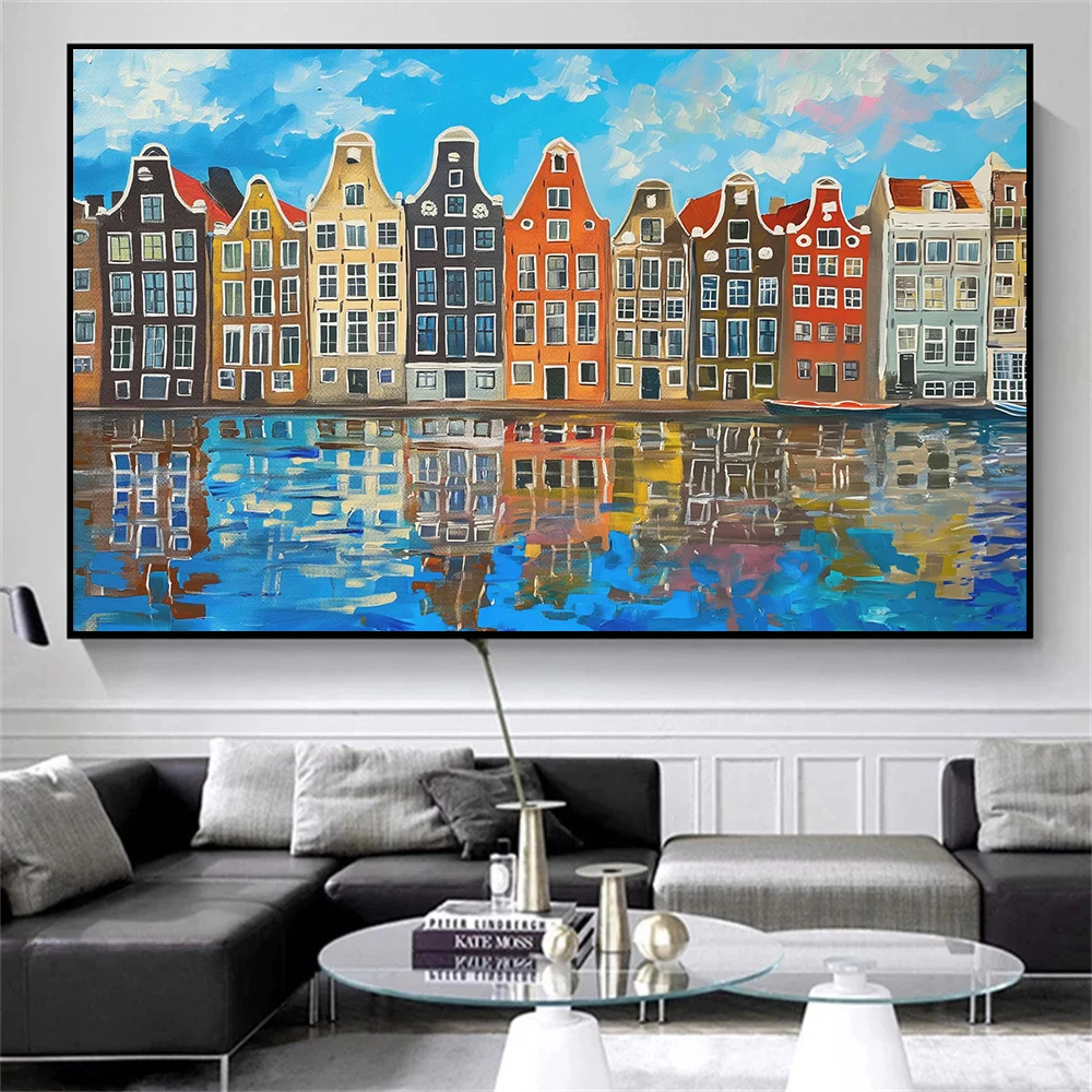 1pc frameless Canvas Painting Modern Amsterdam Canal Houses in A Row Building Art Print City Canvas Painting Art Poster Picture