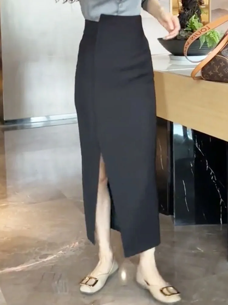 

Элегантная асимметричная юбка миди с высокой талией и боковым разрезом Ele Advanced Sense. Юбка-карандаш для офиса и повседневной носки.