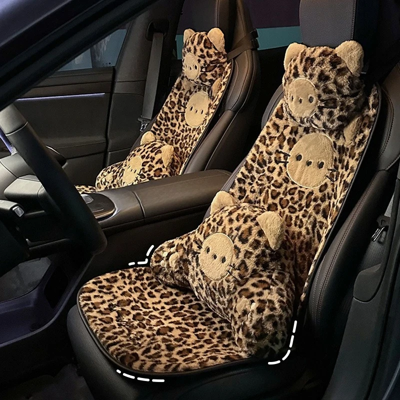 

Car Seat Cushion Winter Plush Leopard Print Seat Cushion Female Cute Cat Headrest Waist Pillow Lumbar Support Cartoon Bowknot