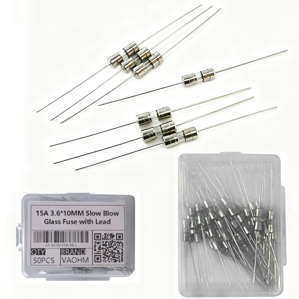 50PCS/BOX 3.6*10 Slow Blow Glass Fuse 250V T0.5A 1A 1.5A 2A 2.5A 3A 3.15A 4A 5A 6.3A 8A 10A 12A 15A
