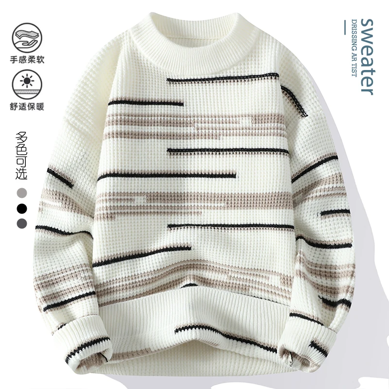 Men stripe  pattern sweater Men's Fashion Casual Sweaters Autumn/Winter fit Knittwear  Thick Warm wool pullovers size M-4XL