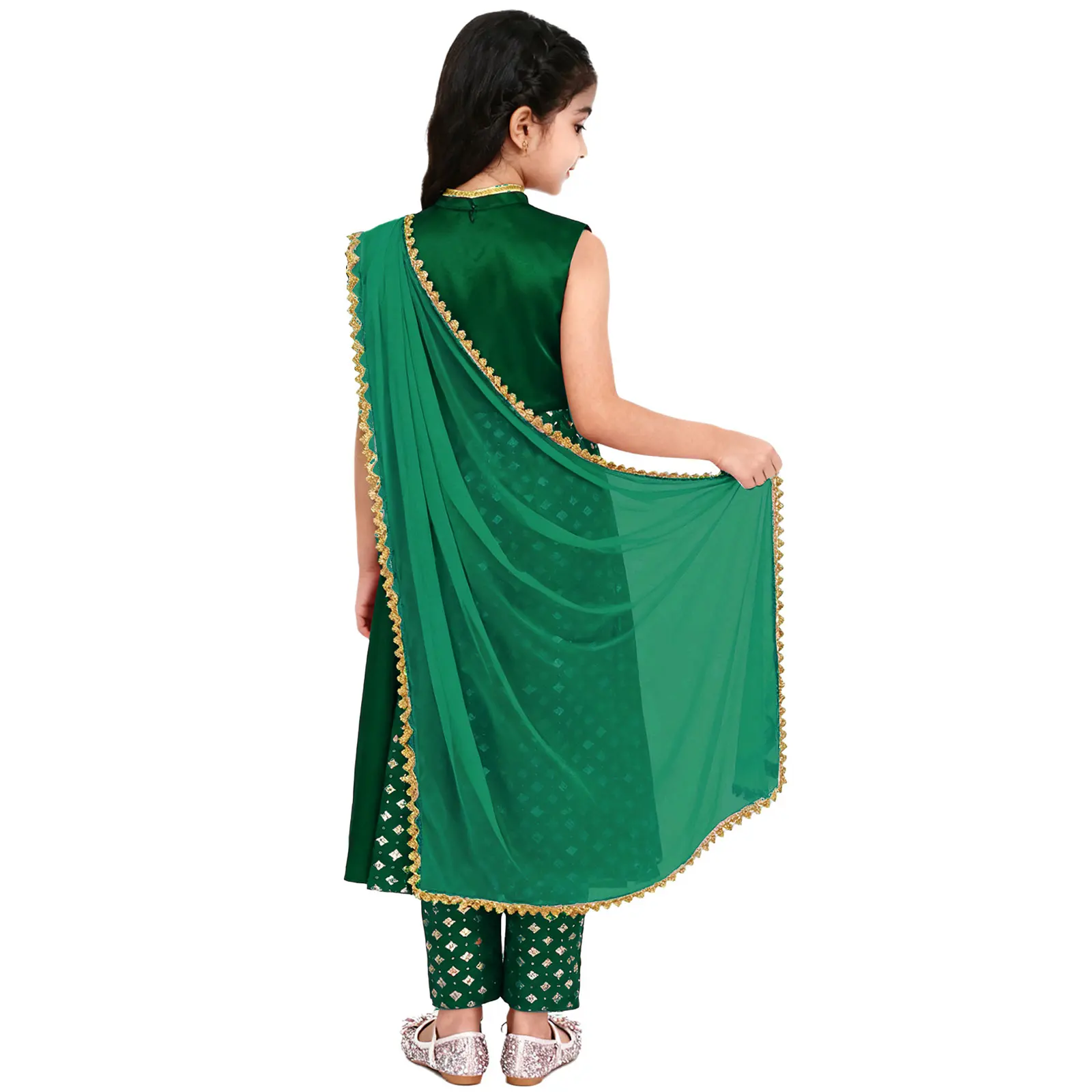 Children Girls Indian Ethnic Salwar Outfit Metallic Print Zipper Dress with Pants India Traditional Clothes Theme Party Costume