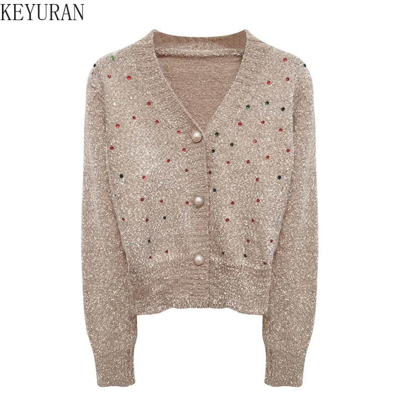 Autumn Winter Color Diamonds Mohair Sweater Jacket Women\'s Korean V-neck Long Sleeve Single Breasted Knitted Cardigan Coat Mujer