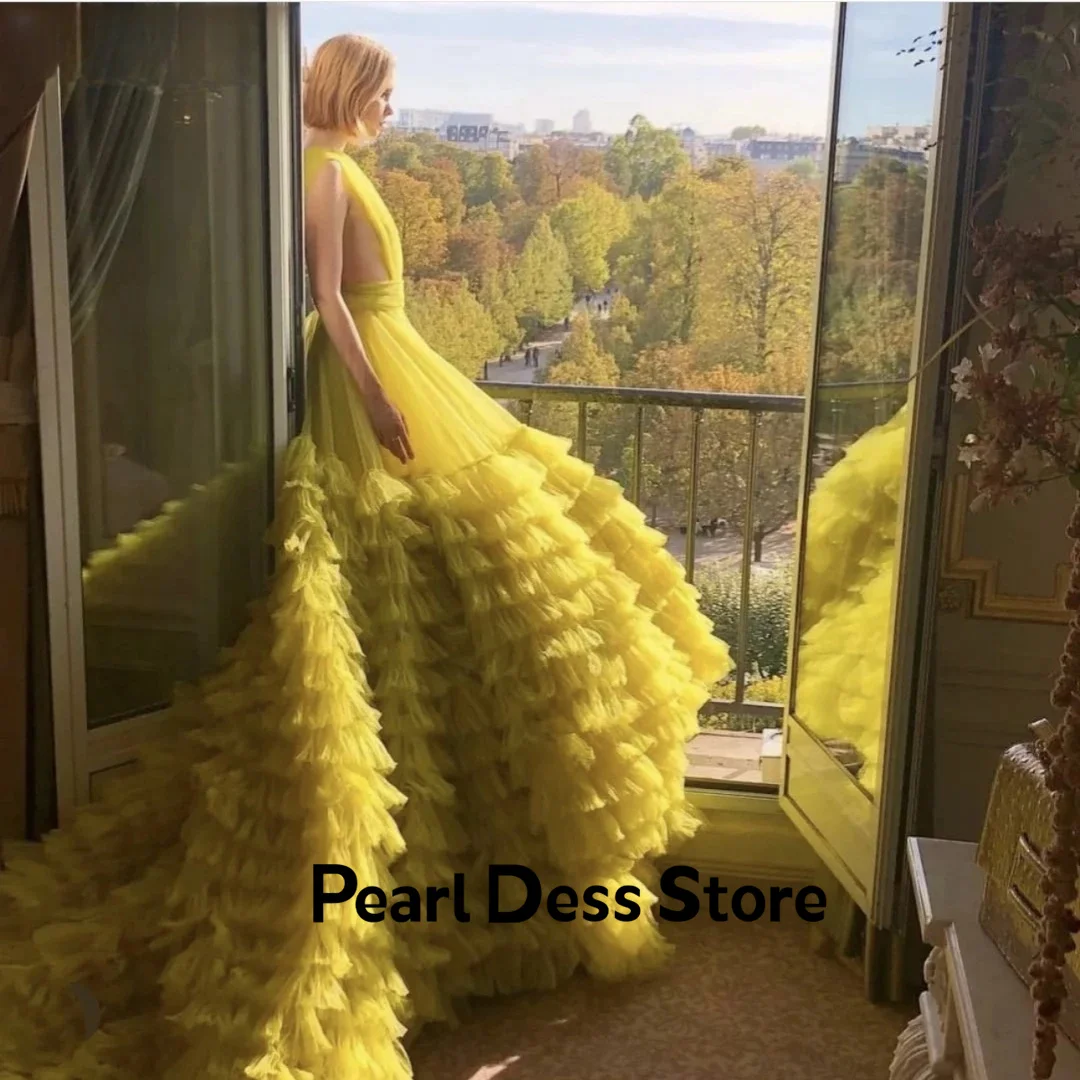 Luxury Handmade Tulle Prom Dress Vestidos De Noche Gorgeous Trail Multi layered Evening Dress Yellow Party Dress