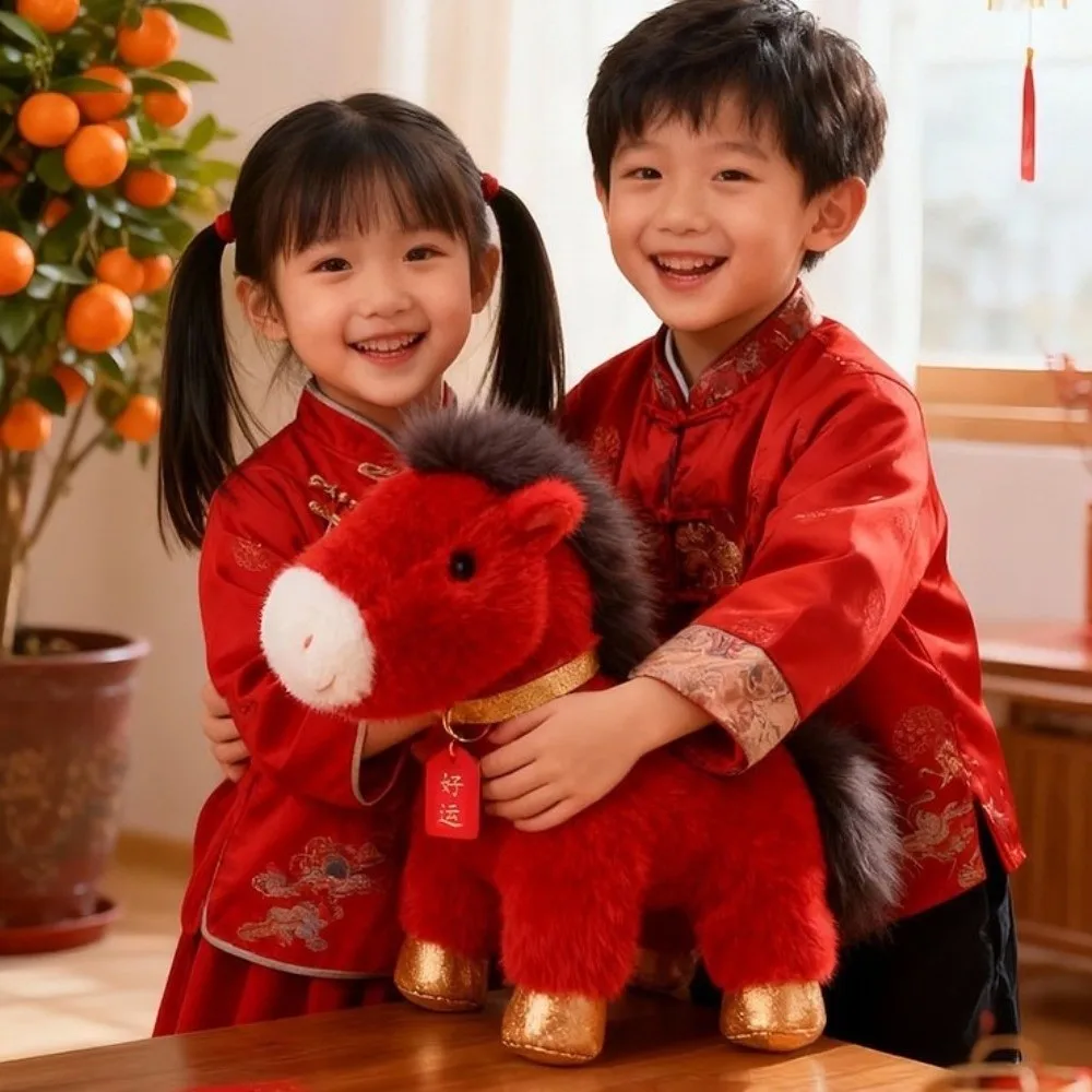 

Игрушечный пони-имитация 25 см, счастливый пони, мягкая фигурка, талисман зодиака, красная мультяшная лошадка, новогодние украшения