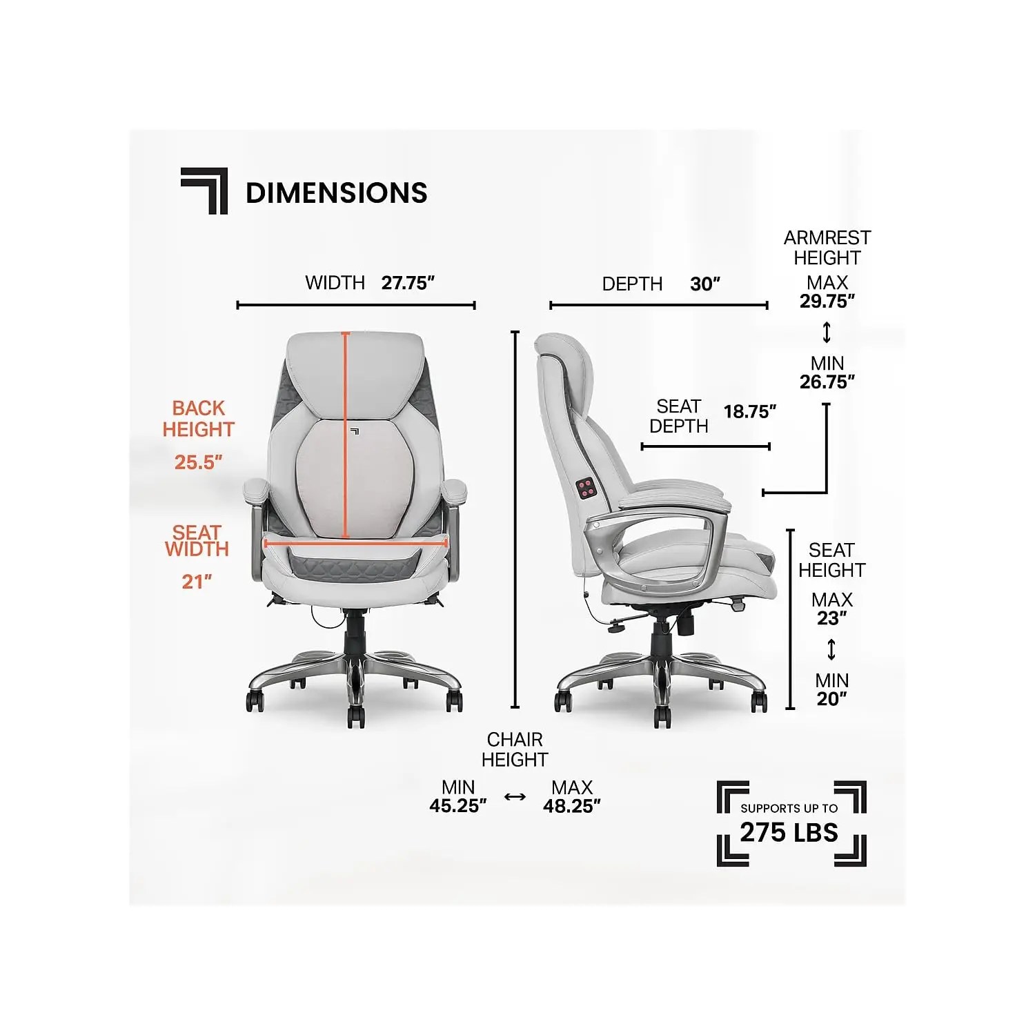 Sharper Image S600 Active Lumbar Ergonomic Bonded Leather Swivel Executive Massage Chair, White/Gray, Customized