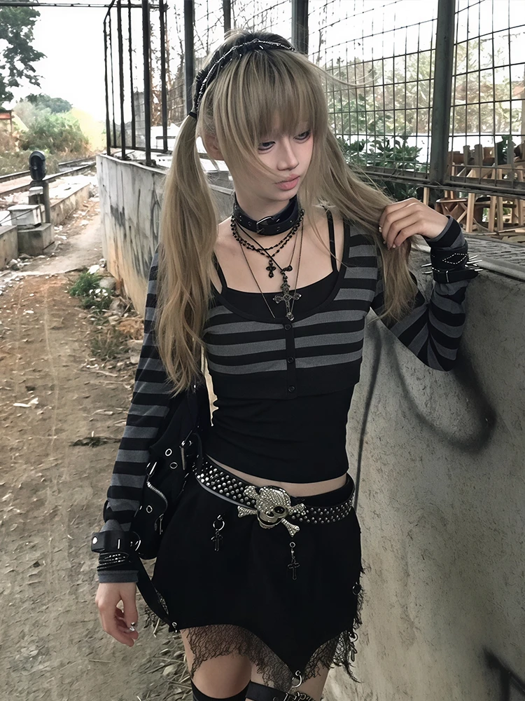 Tonngirls Japanische Y2k Zweiteilige Oberteile für Damen, Langarm Gestreiftes Crop-Top + Ärmelloses Camisole, Amerikanisches Retro-T-Shirt, E-Girl 2000er Jahre – Detail 4