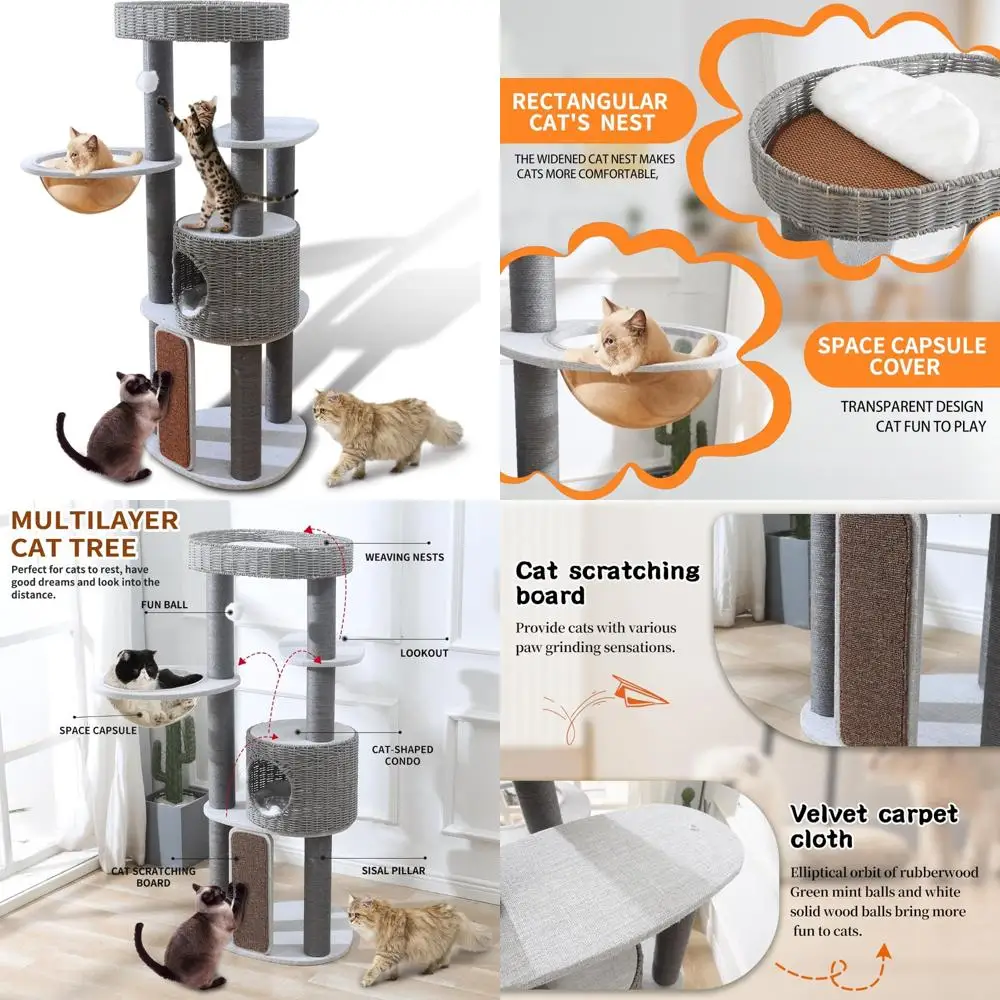 

Natural Wood Multi-Cat Tree with Handwoven Sisal Scratching Posts and Sturdy Base