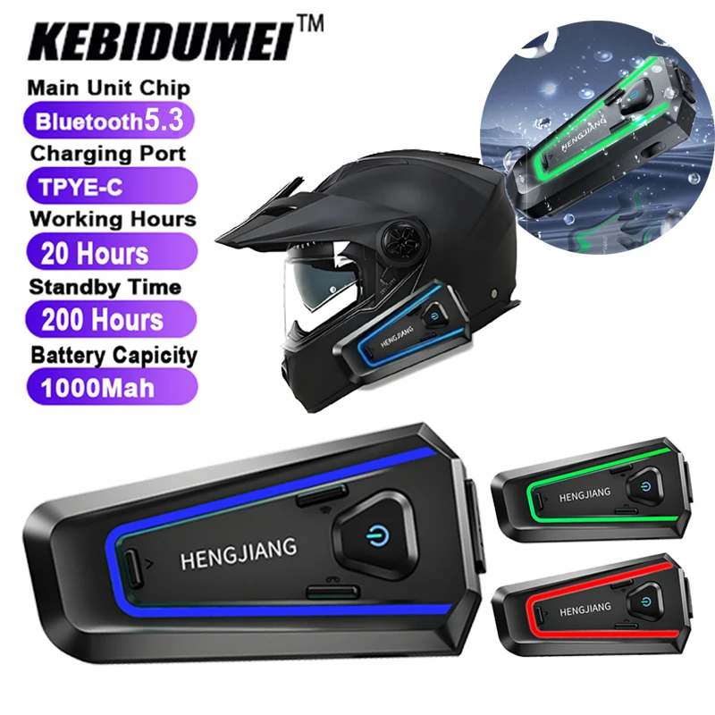 Bluetooth V5.3 Motorcycle Helmet Headset Stereo Handsfree Waterproof Noice Reduce with Tri-Color Ambient Light 1000mah Battery