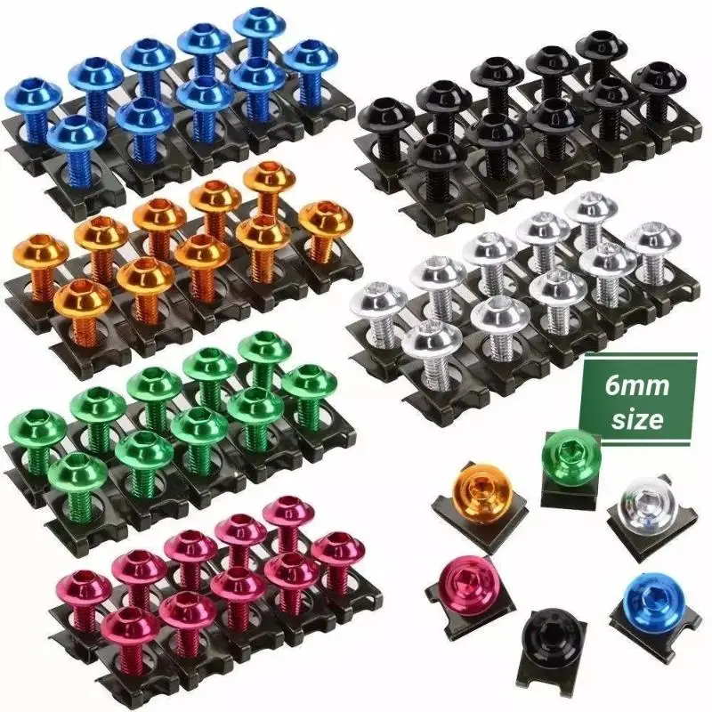 10Pcs 6mm CNC Aluminum Colorful Motorcycle Hex Screws Lightweight Fasteners with Clip for Motorbike Accessory Installation