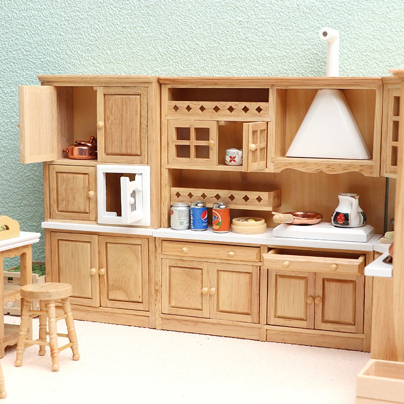 1Set 1:12 Dollhouse Miniature Kitchen Furniture Sink Cabinet Stove Cabinet Cupboard Cooking Table Stool Model Decor Toy