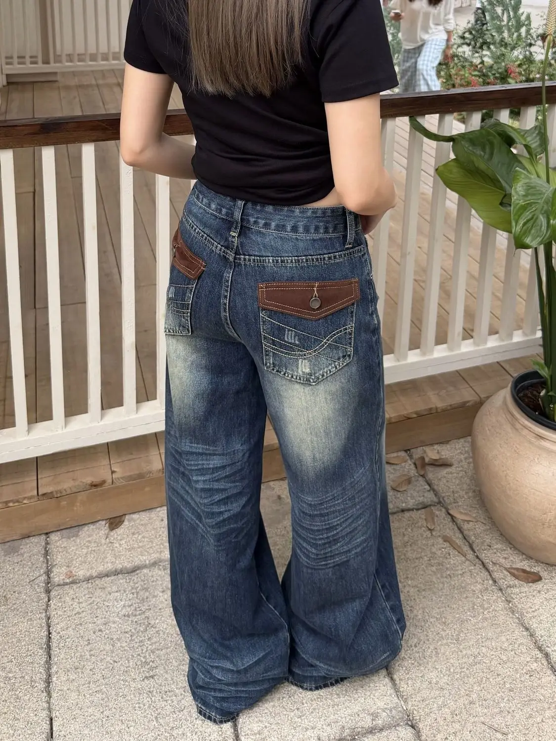 

Large Size American Retro Washed Denim Wide Leg Pants Women's New Design Street Loose Floor-Length Jeans High Waist with Pockets