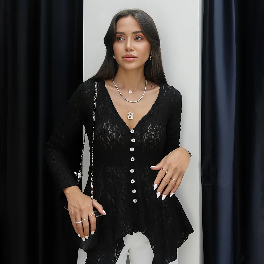 

DSMTRC Female Autumn Streetwear Hipster Irregular Pleated Full Sleeve V-neck Single Breasted Tees French Emboridered Women Tops