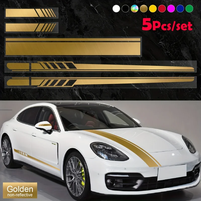 5pcs Racing Stripe Vinyl Decal Kit- Waterproof Car Hood& Body Stickers with Mirror Decals(Glossy Finish)