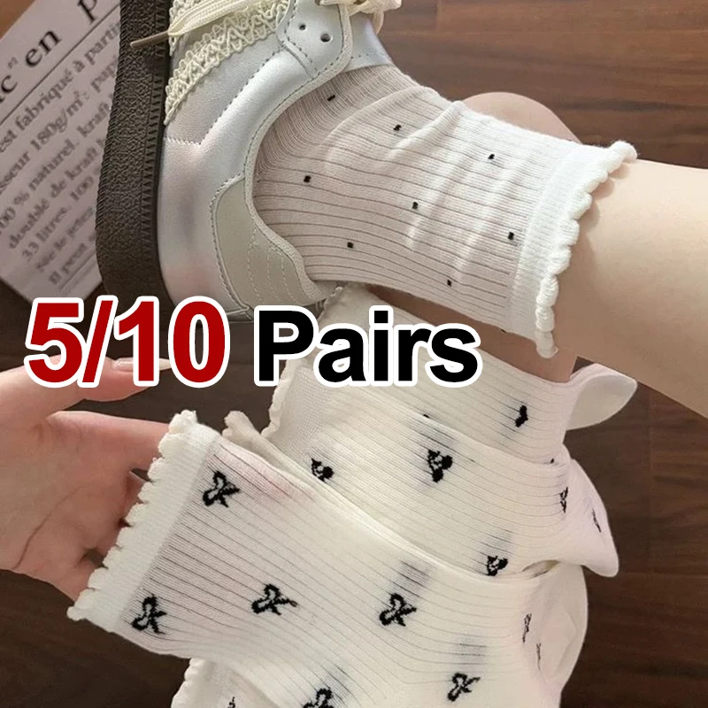10 Pairs Women Solid Color Mid Tube Socks Fashionable Butterfly Knot Print Spring Summer Thin Korean version Stacking Socks