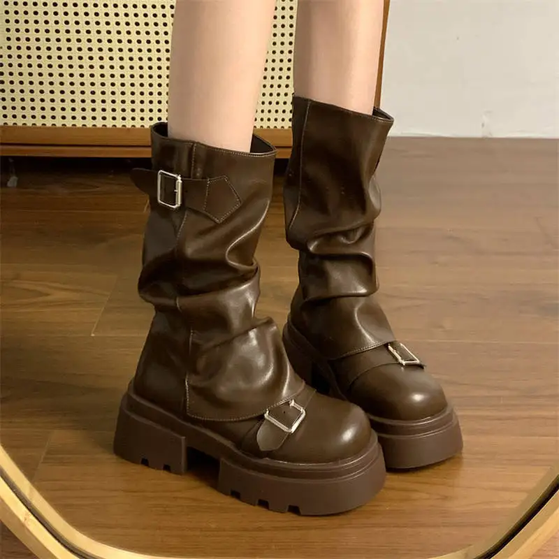 

Retro Brown Boots Women's Mid-Calf Thick Bottom Heightening Waterproof Platform Ultrafine Fiber Spring Autumn Winter
