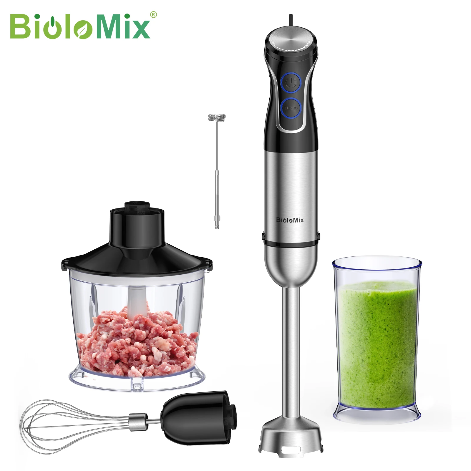 BioloMix 5 w 1 zanurzeniowy blender ręczny, blender 1500 W z ostrzem ze stali nierdzewnej 304, robot kuchenny, koktajle Puree żywność dla dzieci