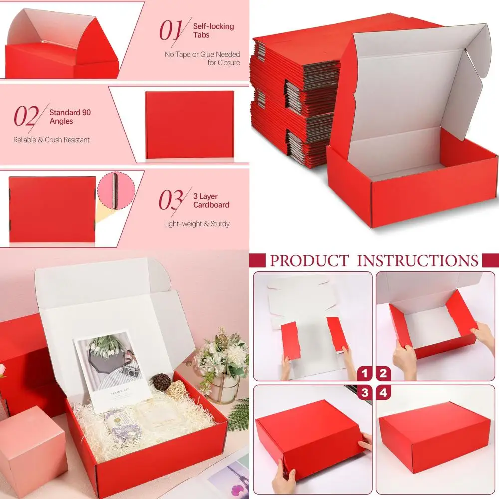 

40 упаковок гофрированных картонных коробок для доставки размером 12x9x4 дюйма для мелких предметов, литературы и упаковки (красные)