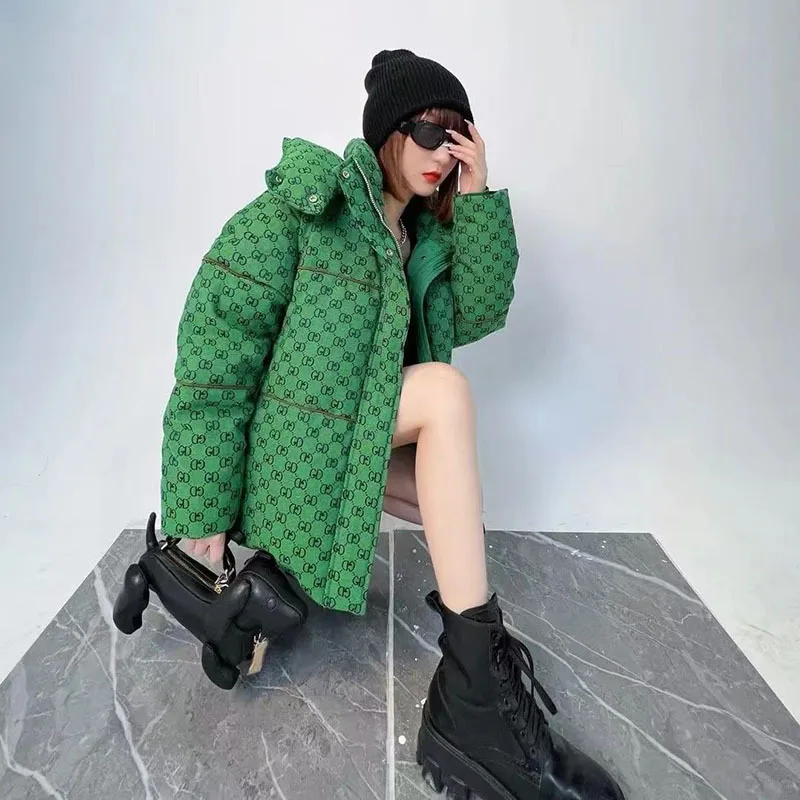 Nuovo Con Cappuccio Stampa Verde Piumino Inverno Femminile 2024 Parka Mujer Casual Puffer Inverno Imbottiture Cappotti Donna Elegante Office Lady