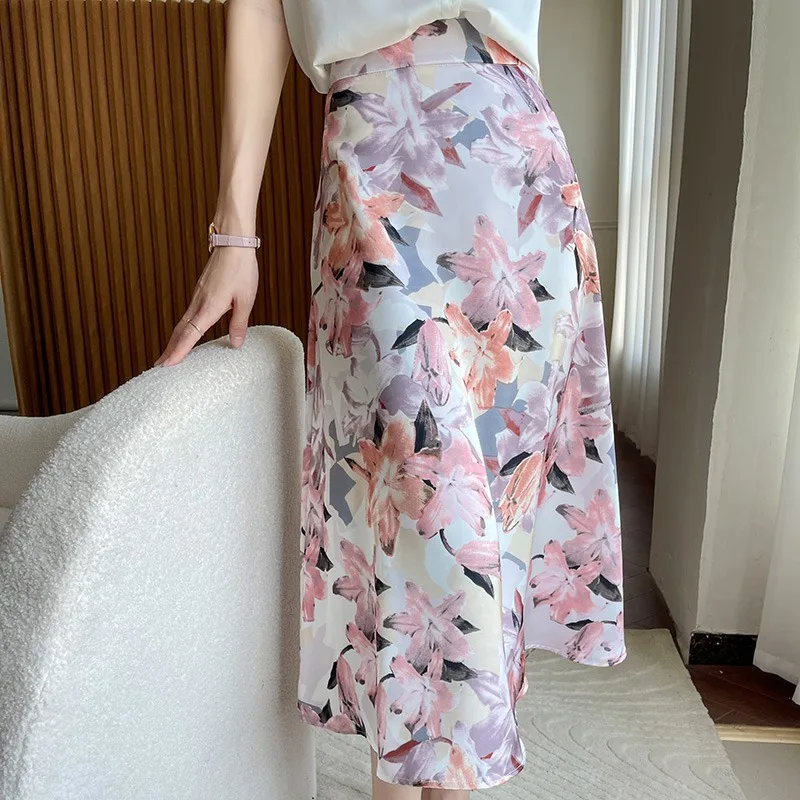 Zijde Acetaat Satijn Hoge Taille Afslanken Asymmetrische Fi Staart f Rok vrouwen Zomer Faion Pendelen Koreaanse Sle Lange Rok