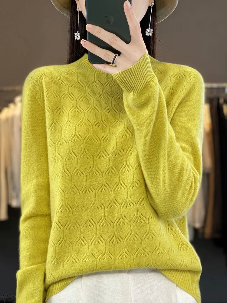 Women Autumn Sweater 100% Merino Wool Pullover Mock Neck Hollow Long Sleeve Cashmere Knitwear Female Clothing 2023 New Fashion