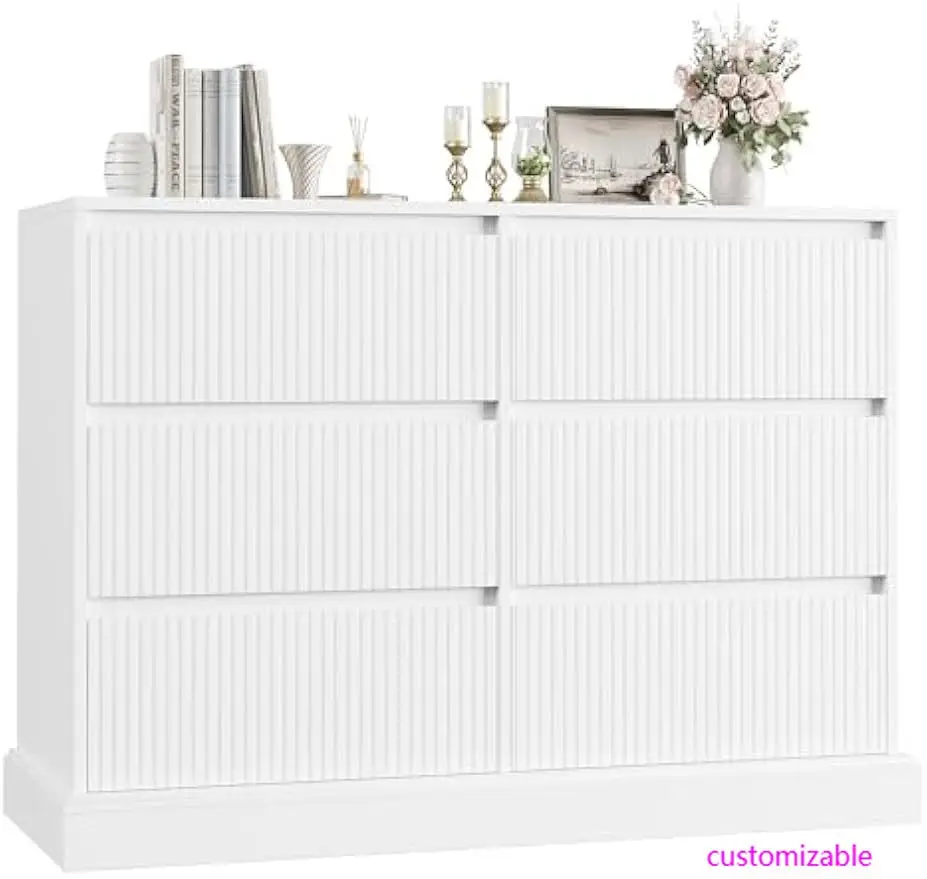 Customizable White Dresser for Bedroom, Modern 6 Drawer Dresser, Double Chest of Drawers with Wavy Pattern |