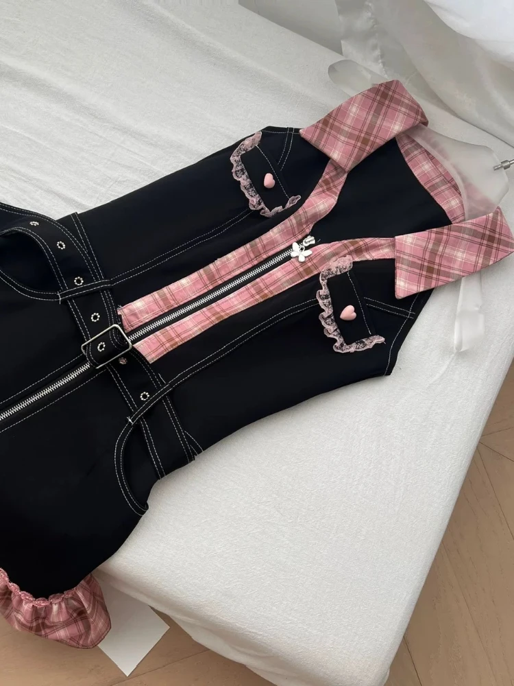 American Retro Denim Sweet Fit Chic Dress Women Plaid Patchwork Hot Chick Slim Dresses New Fashion Vintage Zipper 2000s Outfits